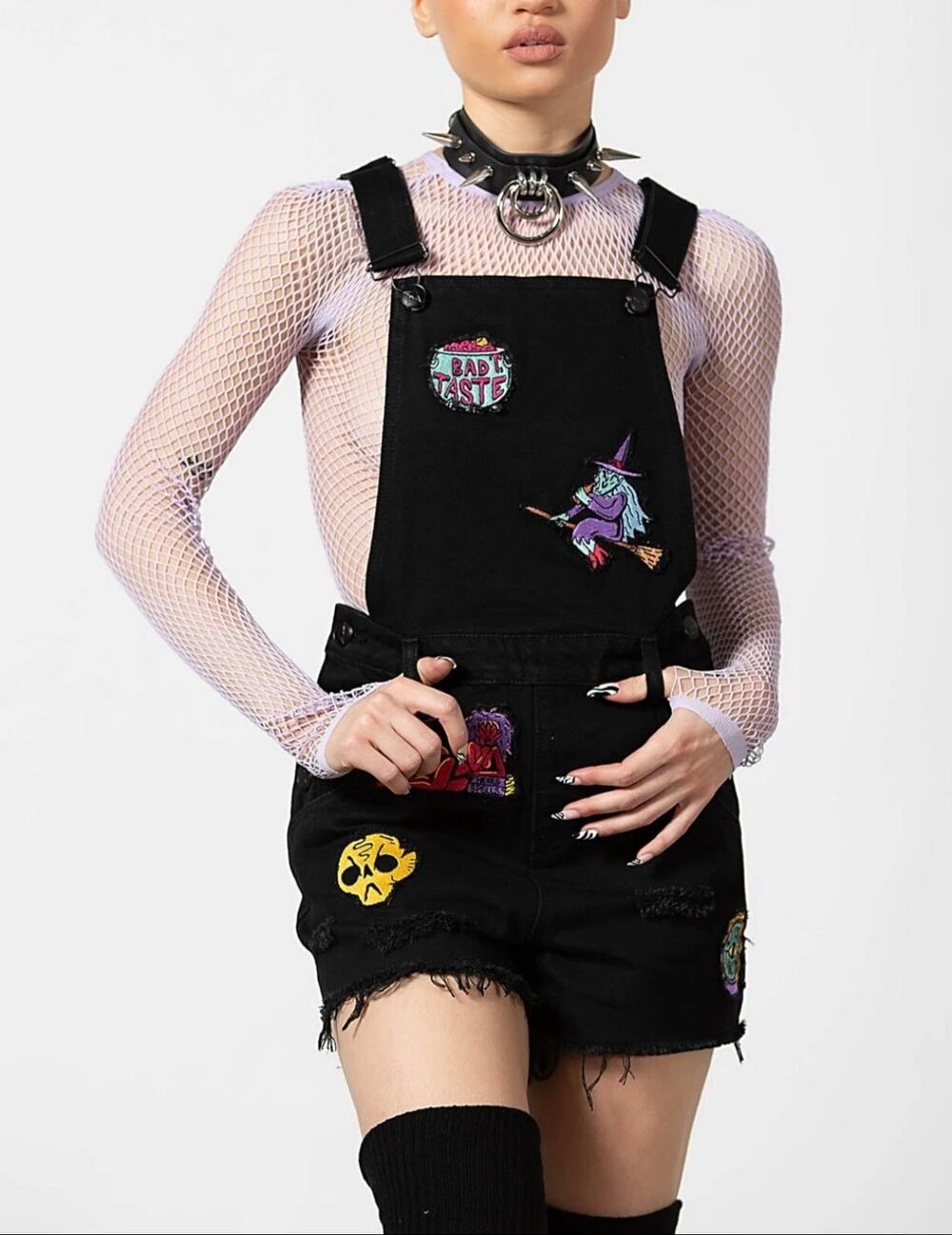 KILLSTAR Oracle Denim Overall Shorts Black Small Witchy Goth Emo Indie